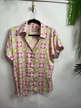 Pink & Lime Geometric Short-Sleeve Blouse